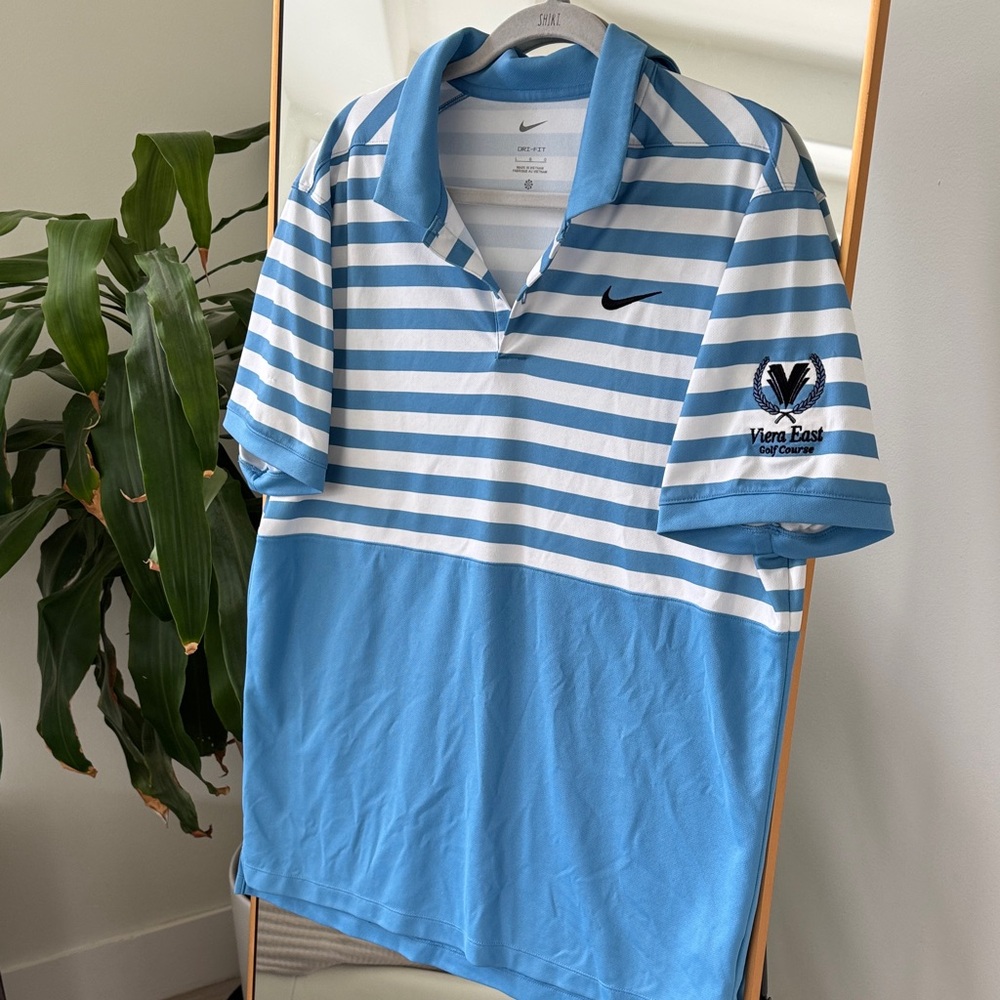 Nike Blue and White Striped Polo Shirt